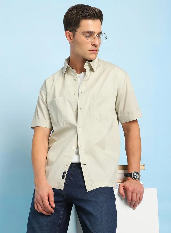 Dennis Lingo Men's Beige Poplin Solid Pattern Button Down Relaxed Shirt