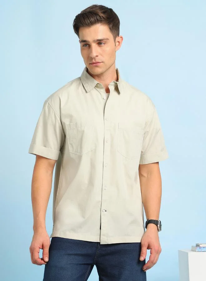 Dennis Lingo Men's Beige Poplin Solid Pattern Button Down Relaxed Shirt