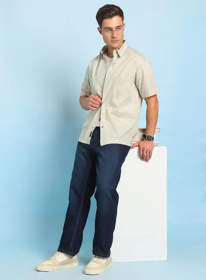 Dennis Lingo Men's Beige Poplin Solid Pattern Button Down Relaxed Shirt