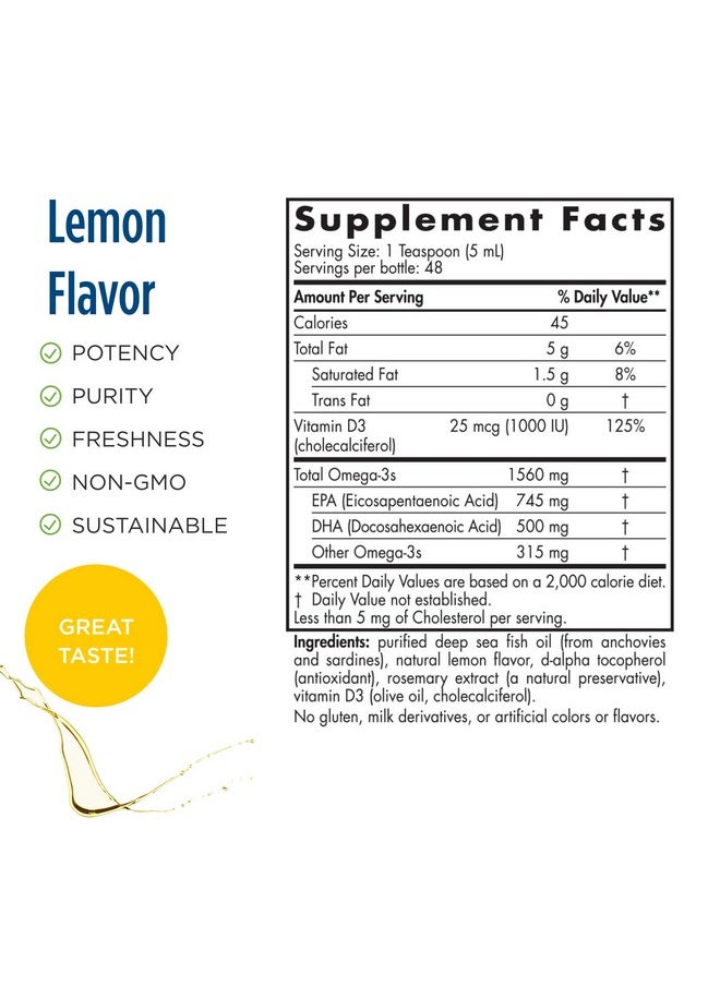 NORDIC NATURALS Omega3D Lemon Flavor 8 Oz 1560 Mg Omega3 + 1000 Iu Vitamin D3 Fish Oil Epa & Dha Immune Support Brain & Heart Health Healthy Bones Nongmo 48 Servings  - Image 3