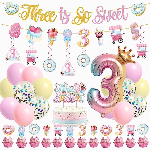 JUYRLE 3rd Happy Birthday Decorations for Girls third pink birthday decorations ice cream birthday party decor With Donut Banner Sweet Cake Topper 3rd Foil Balloon For Three Donut Themed Party - Image 1