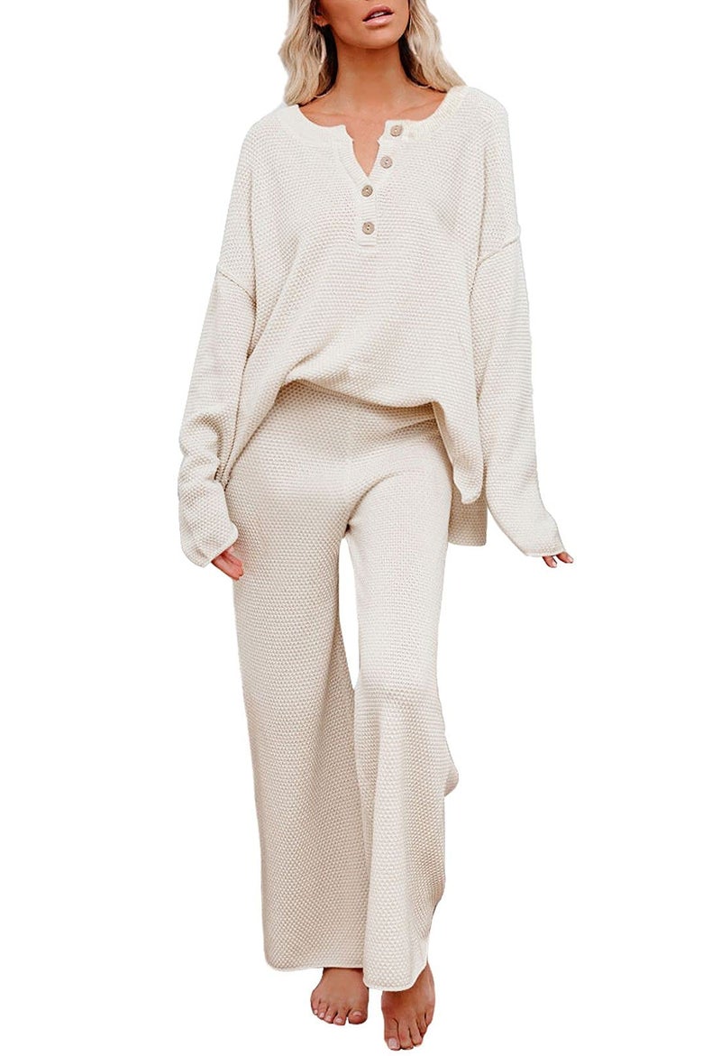 Pink Queen Women's 2 Piece Knit Sweatsuit Button Knit Pullover Sweater Top and Long Pants Sweatsuit Pajama Set Beige M - Image 1