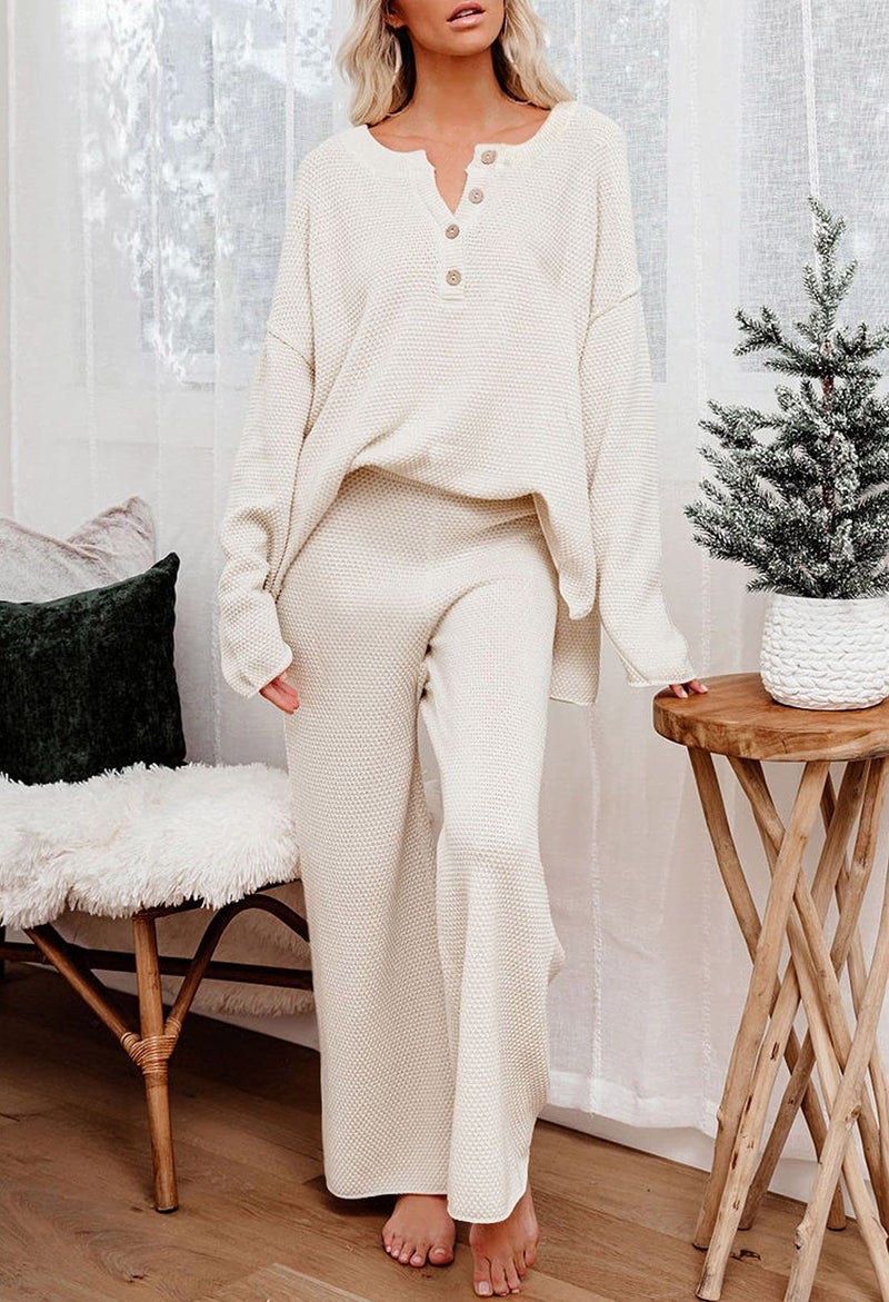 Pink Queen Women's 2 Piece Knit Sweatsuit Button Knit Pullover Sweater Top and Long Pants Sweatsuit Pajama Set Beige M - Image 2