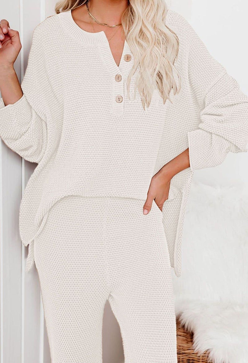 Pink Queen Women's 2 Piece Knit Sweatsuit Button Knit Pullover Sweater Top and Long Pants Sweatsuit Pajama Set Beige M - Image 5