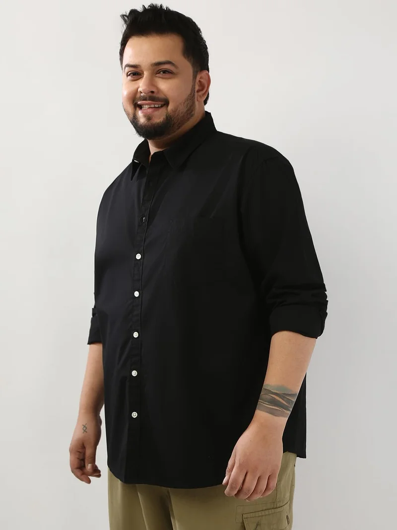 Urbano Plus Men's Black Cotton Full Sleeve Regular Fit Casual Solid Shirt