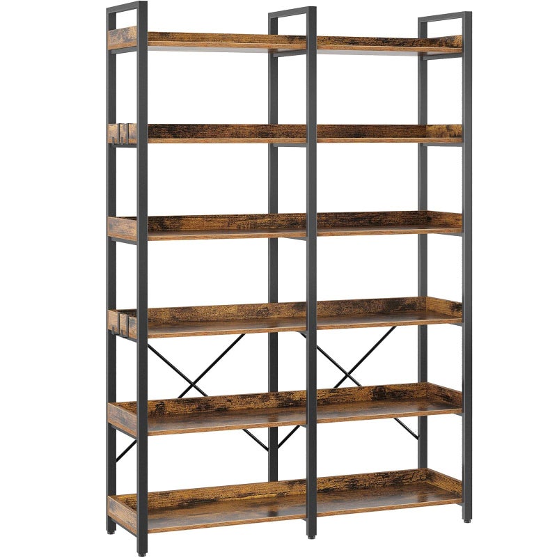 Seventable Bookshelf 6 Tier with 4 Hooks 67 Industrial Wooden Bookcase Vintage Storage Rack with Open Shelves Rustic Standing Bookshelves Metal Frame 433 Wide Display Rack Rustic Brown