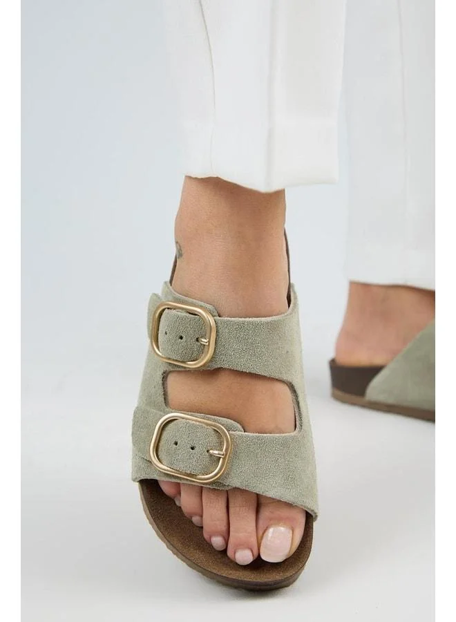 Jazmin Women's Real Leather Double Buckle Aqua Green Slippers.