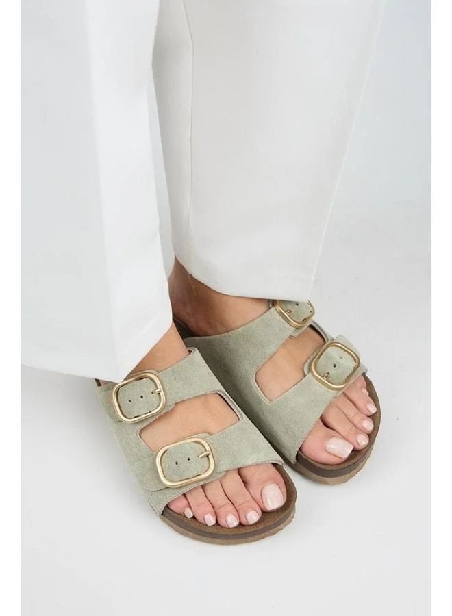 Manijero  Jazmin Women's Real Leather Double Buckle Aqua Green Slippers. for Women | Best Price UAE