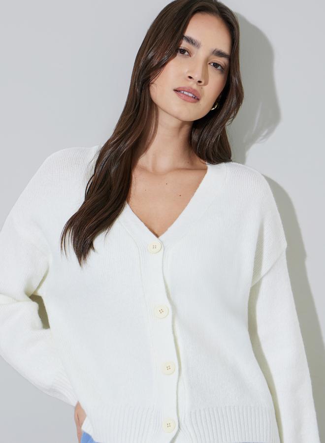 Styli Off White Solid Button Down Cardigan - Image 1