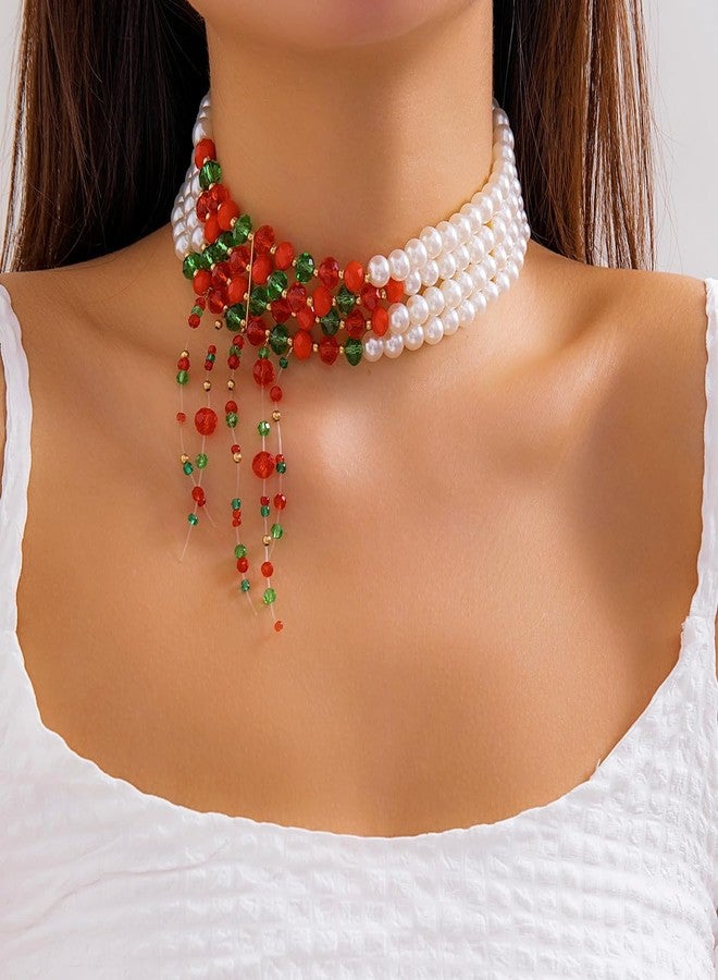 MIFYNN Christmas Pearl Necklace for Women Adjustable Vintage Pearl Choker Necklace Christmas Pearl Tassel Necklace Red Green Beaded Necklace Multi Layer Pearl Necklace Xmas Holiday Jewelry Gift (White 4) - Image 3