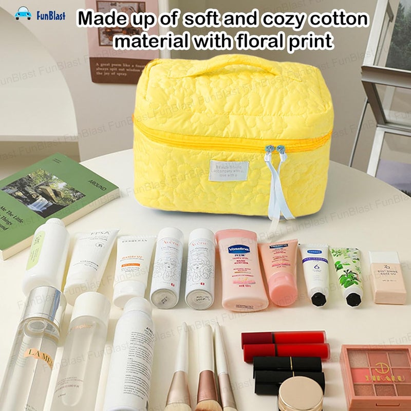 FunBlast Makeup Bag Travel Cosmetic Bag Cute Cotton Toiletry Bag Quilted Flower Organizer Bag Large Capacity Handheld Portable Storage Zipper Purse for Women Light Yellow - Image 5
