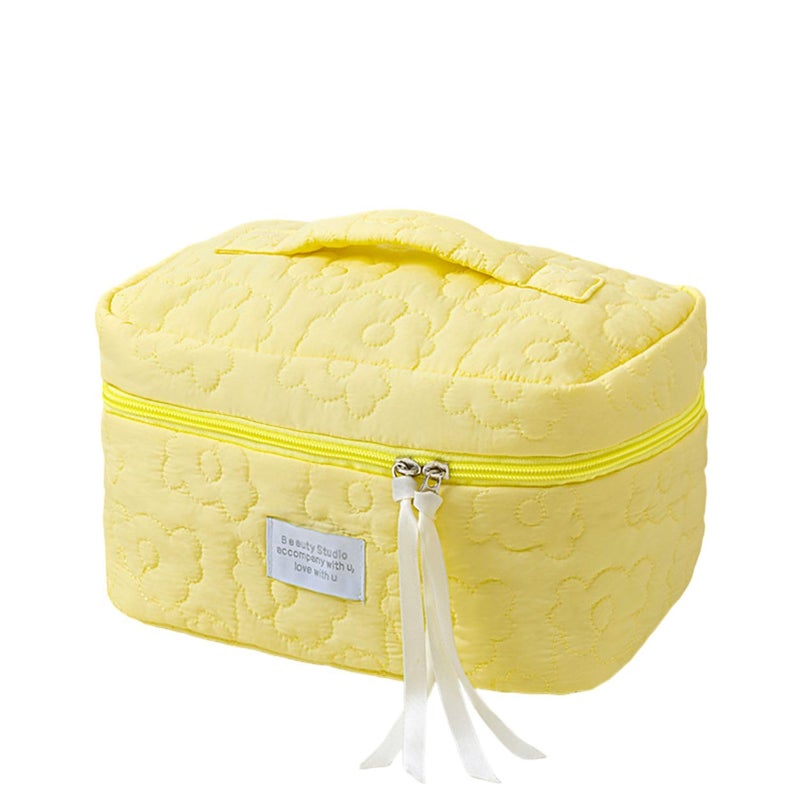 FunBlast Makeup Bag Travel Cosmetic Bag Cute Cotton Toiletry Bag Quilted Flower Organizer Bag Large Capacity Handheld Portable Storage Zipper Purse for Women Light Yellow - Image 1