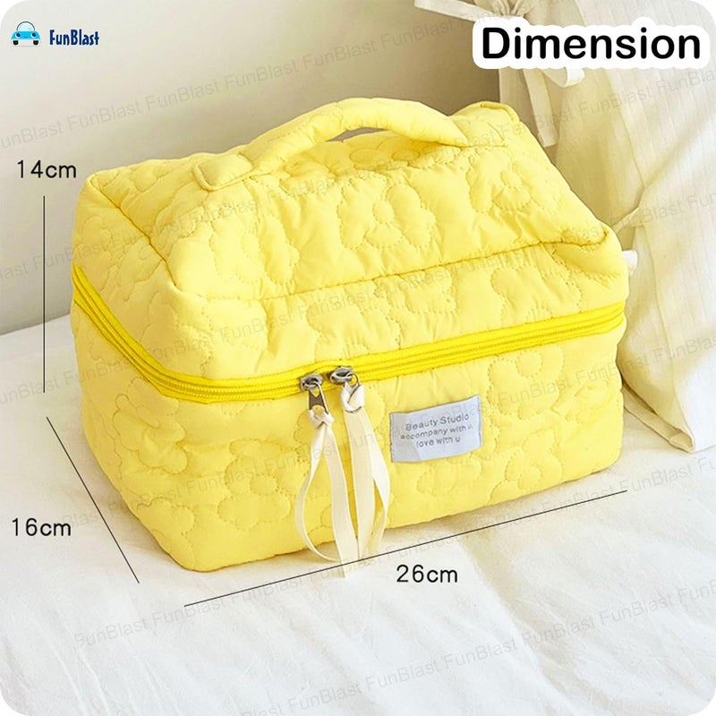 FunBlast Makeup Bag Travel Cosmetic Bag Cute Cotton Toiletry Bag Quilted Flower Organizer Bag Large Capacity Handheld Portable Storage Zipper Purse for Women Light Yellow - Image 3