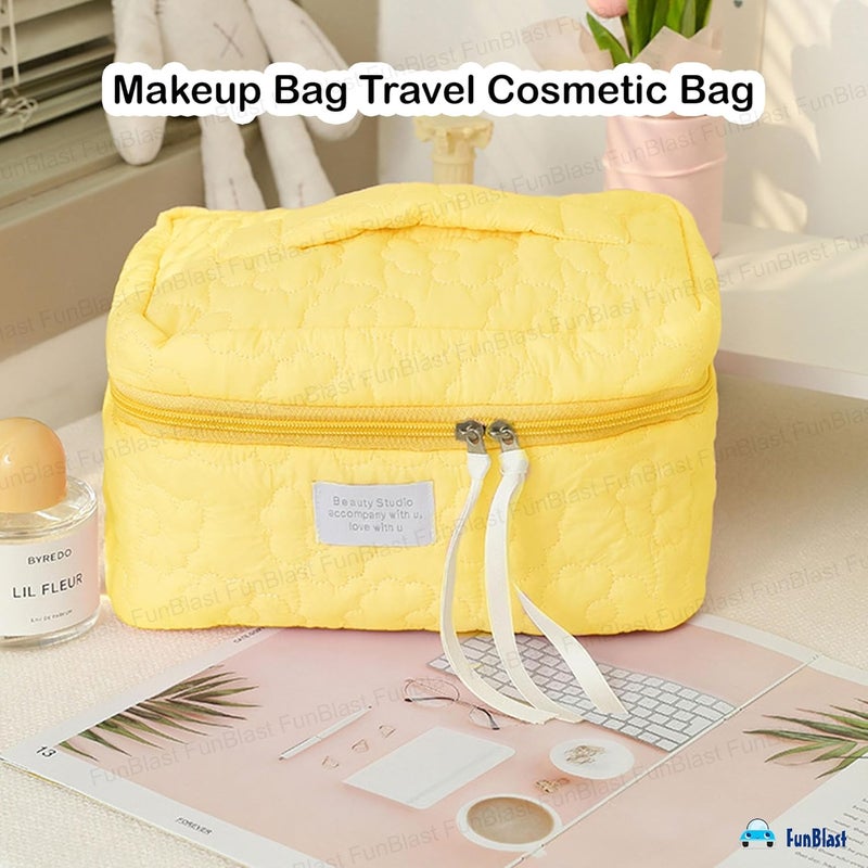 FunBlast Makeup Bag Travel Cosmetic Bag Cute Cotton Toiletry Bag Quilted Flower Organizer Bag Large Capacity Handheld Portable Storage Zipper Purse for Women Light Yellow - Image 2