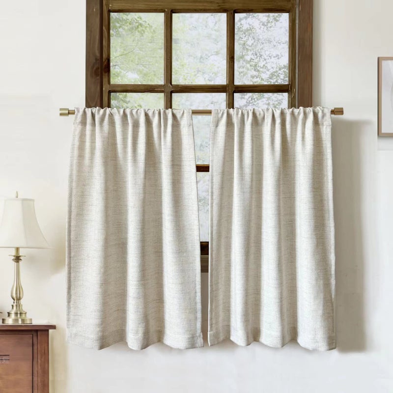 Faux Linen Kitchen Curtains 36 Inch Length Cafe Curtain Tiers for Living Room Bathroom Basement Windows Country Rustic Small Short Curtains Set of 2 Natural