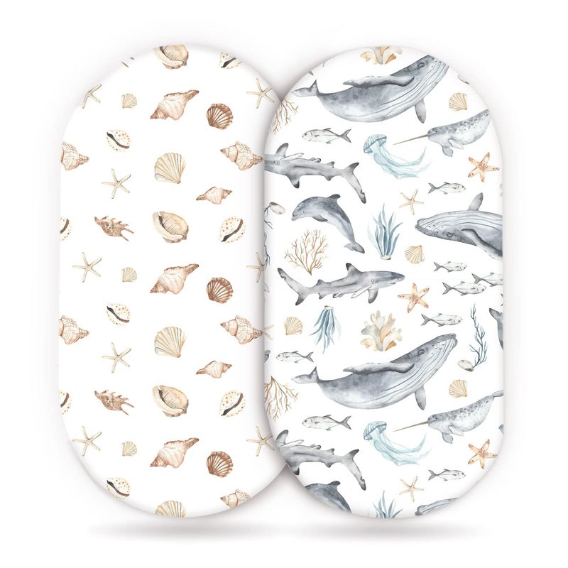 GRSSDER Stretchy Ultra Soft Fitted Bassinet Sheets Set 2 Pack Cradle Sheet Universal Fit for Rectangle Oval or Hourglass Bassinet PadMattress Safe and Snug Stylish Cute Whale Sea Worl for Baby