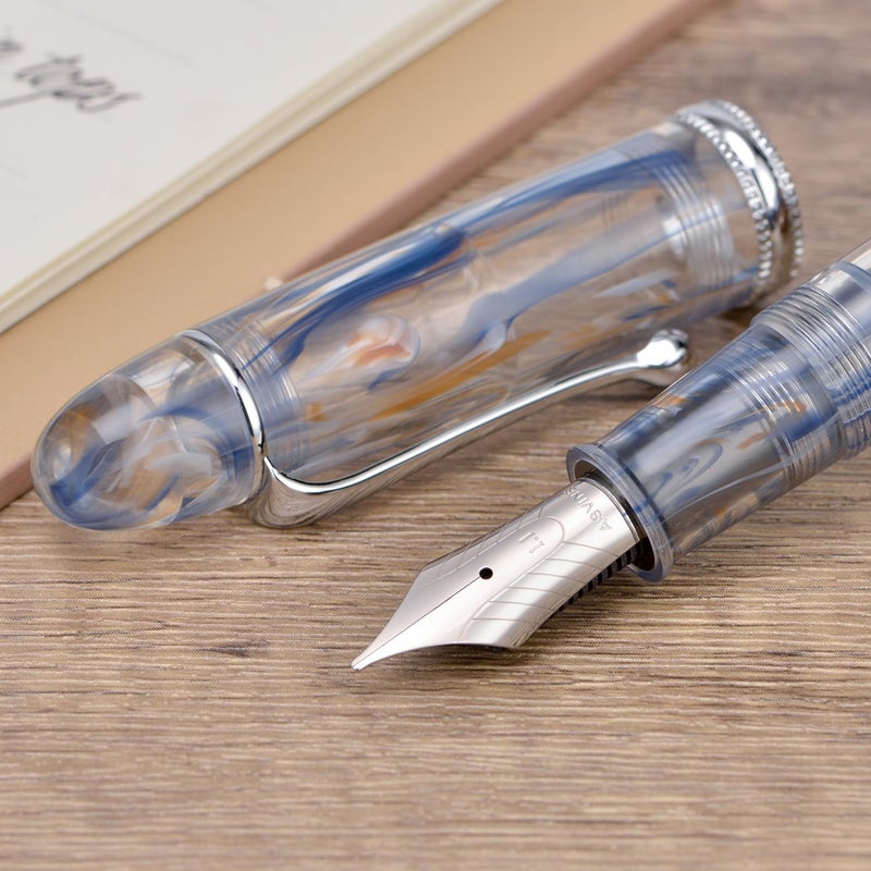 Asvine V800 Fountain Pen -Vacuum Filling System with Large Ink Capacity - Number 8 Stub Nib 1.1mm Calligraphy Art Drawing with Wrench Gift Set - Blue Brown - Image 4
