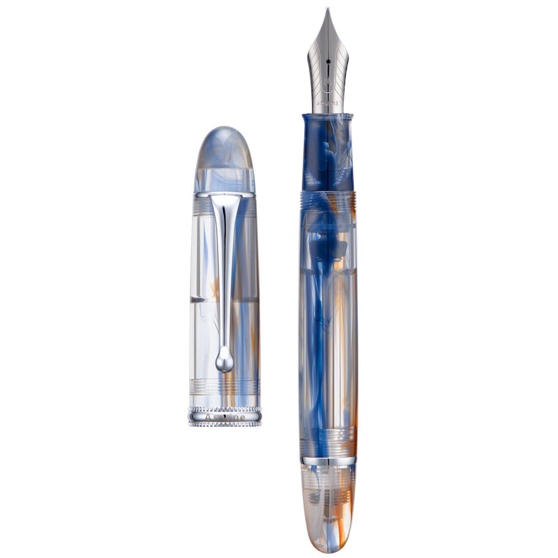 Asvine V800 Fountain Pen -Vacuum Filling System with Large Ink Capacity - Number 8 Stub Nib 1.1mm Calligraphy Art Drawing with Wrench Gift Set - Blue Brown - Image 1
