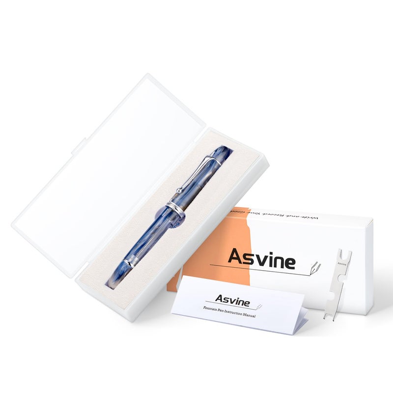 Asvine V800 Fountain Pen -Vacuum Filling System with Large Ink Capacity - Number 8 Stub Nib 1.1mm Calligraphy Art Drawing with Wrench Gift Set - Blue Brown - Image 3