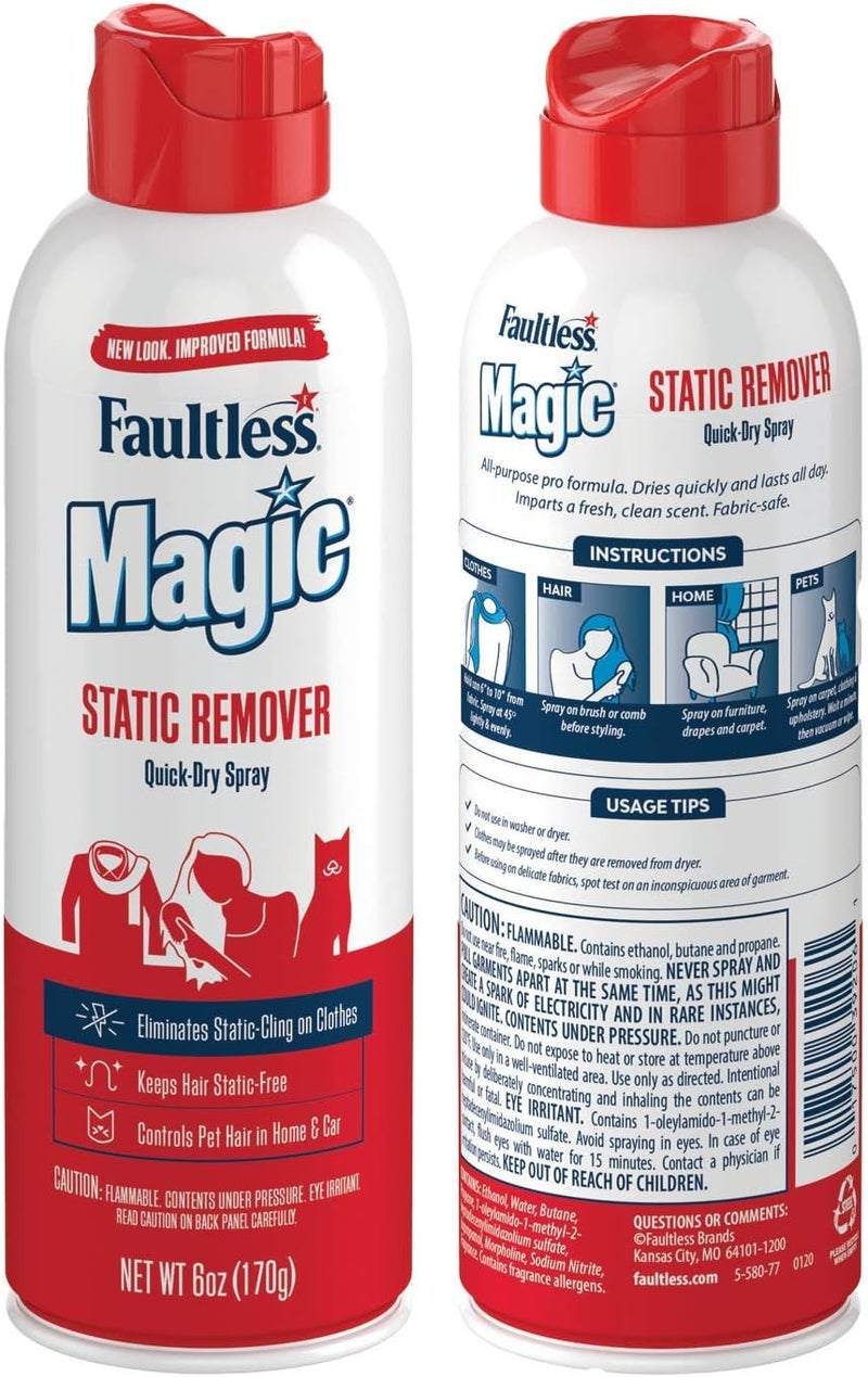 Magic مزيل static، عبوة من 6 - رذاذ مضاد للكهرباء الساكنة، يقضي على التصاق الكهرباء الساكنة، رذاذ مضاد للكهرباء الساكنة للملابس، الأثاث والسيارة - رذاذ خالي من الكهرباء الساكنة، يتحكم في شعر الحيوانات الأليفة (6 أونصات) - Image 2