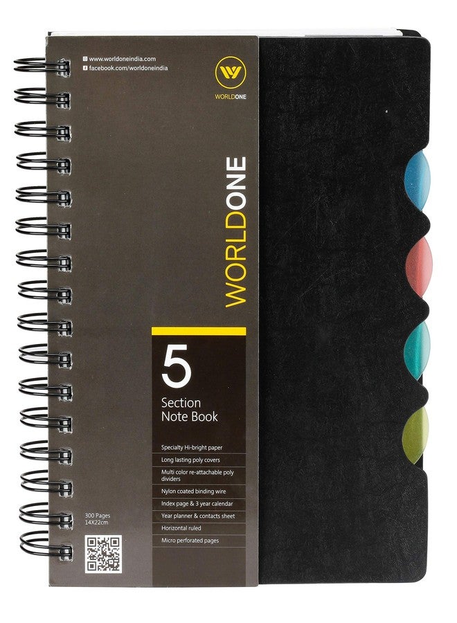 WORLDONE 5 Section Wiro Notebook with 70 GSM Hi Bright Horizontal Ruled 300 Pages, Contacts Sheet, 4 Repositionable Multicolor Separators, Black A5 Size - Image 1