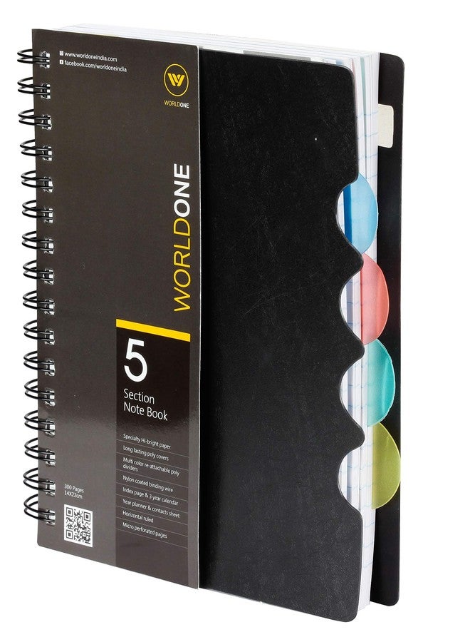 WORLDONE 5 Section Wiro Notebook with 70 GSM Hi Bright Horizontal Ruled 300 Pages, Contacts Sheet, 4 Repositionable Multicolor Separators, Black A5 Size - Image 2