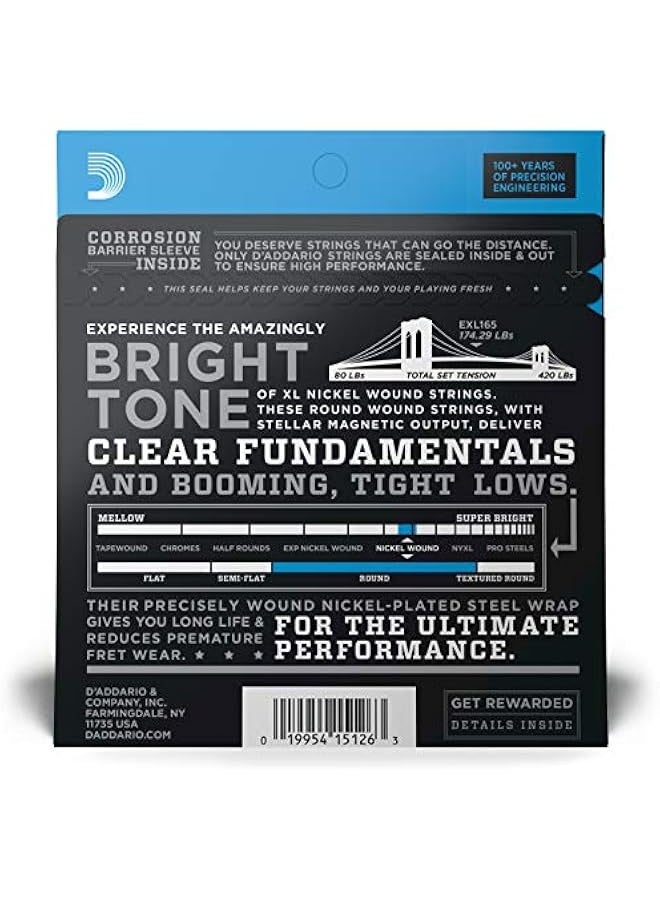 D'Addario Bass Guitar Strings - XL Nickel Bass Strings - EXL165 - Perfect Intonation, Consistent Feel, Durability - For 4 String Bass Guitars - 45-105 Regular Light Top/Medium Bottom, Long Scale - Image 2