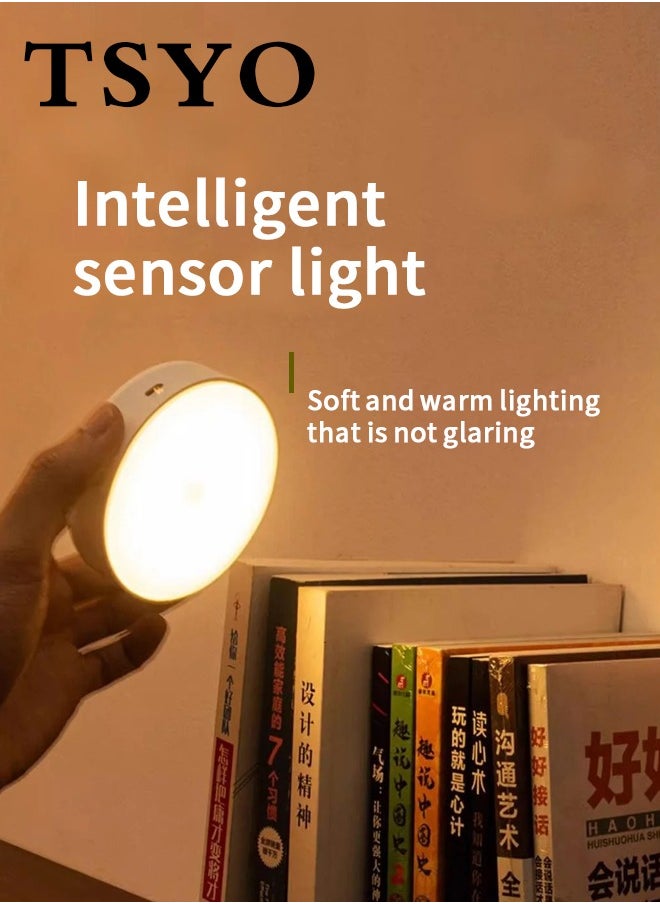 TSYO TSYO 2 Pcs Motion Sensor Light 8 LEDs Rechargeable Night Light Intelligent Human Body Sensor Night Light with USB Cable Magnetic Patch Cordless Safe Wall Light for Kitchen Bookshelves Drawers Yellow White  - Image 1
