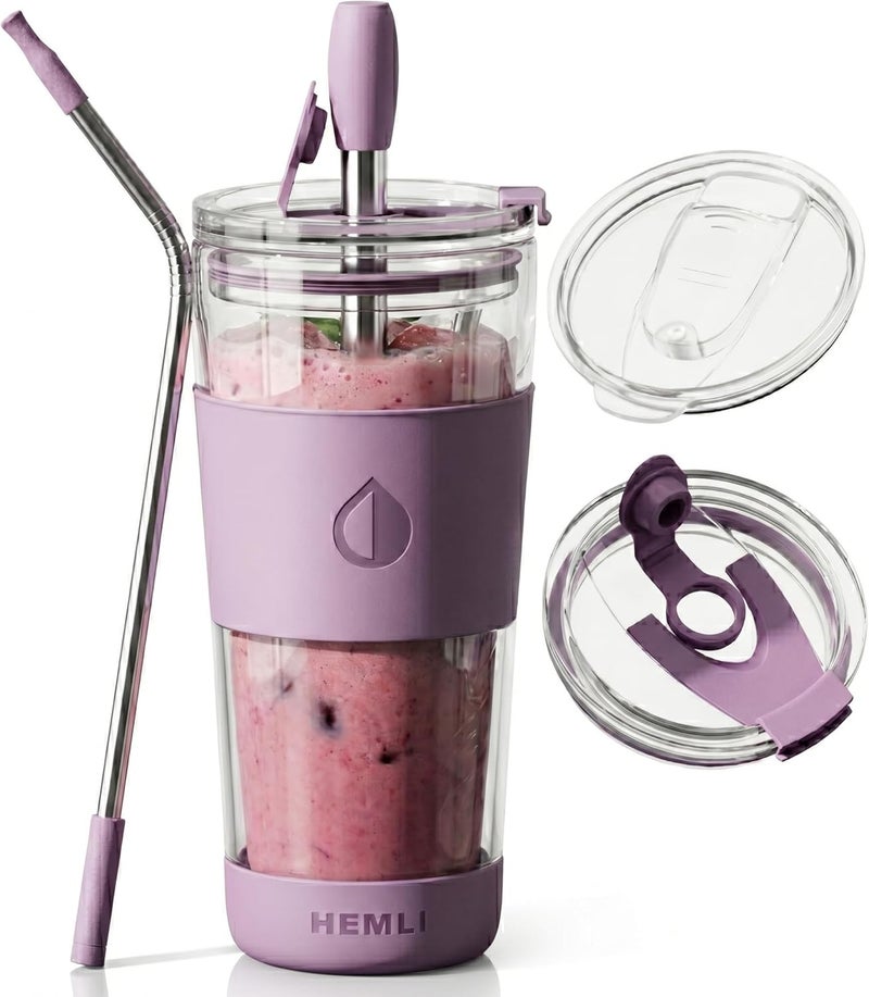 Hemli 19 oz Clear Double Wall Borosilicate Glass Coffee Tumbler, to Go Travel Mug with Lid, Portable with Straw, Reusable Cup for Tea, Smoothies, Iced Coffee, and Boba - Image 1