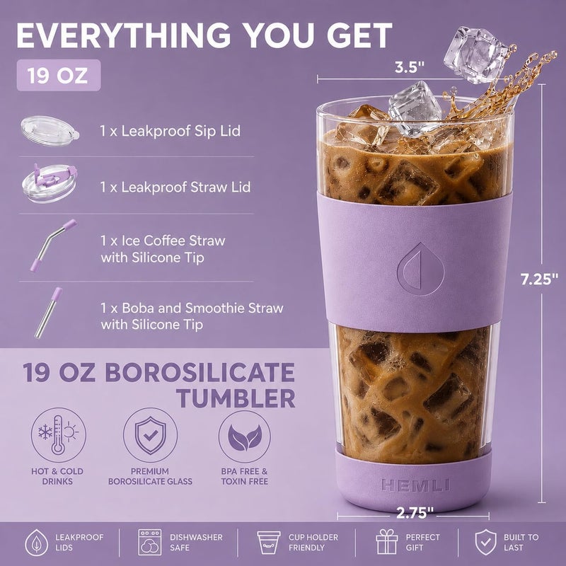 Hemli 19 oz Clear Double Wall Borosilicate Glass Coffee Tumbler, to Go Travel Mug with Lid, Portable with Straw, Reusable Cup for Tea, Smoothies, Iced Coffee, and Boba - Image 3