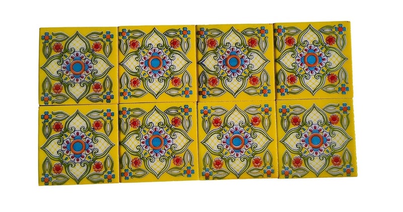 Shiv Kripa Blue Pottery Shiv Kripa Blue Pottery Home Decor Handmade Tabletop Interior Exterior Flooring Wall Kitchen Washroom Tile Floral Decorative Mosaic Wall Tiles 3 x 3 Inch Set of 8 Tiles Yellow Color 