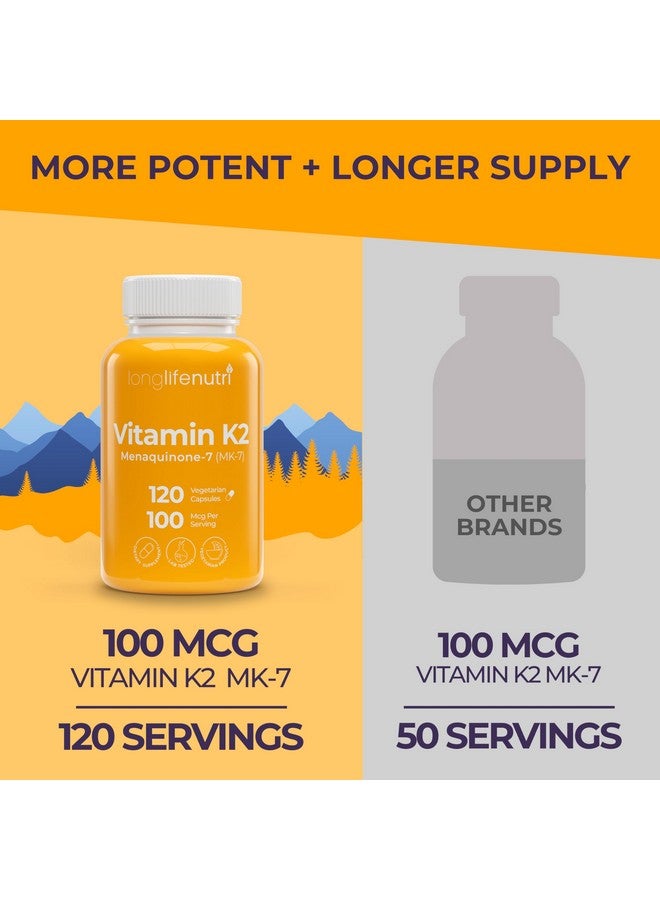 LongLifeNutri Vitamin K2 MK-7 100mcg - Nutrient Support for Bones and Circulation, 120 Vegetarian Capsules, 4-Month Supply, Lab Tested, Made in The USA, Non-GMO - Image 2
