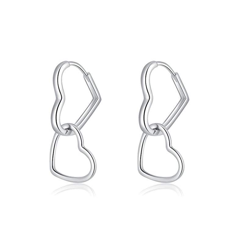 SLUYNZ 925 Sterling Silver Heart Hoop Earrings for Women Teens Girls Sweet Love Hoop Earrings Double Heart Earrings (A-Silver) - Image 1