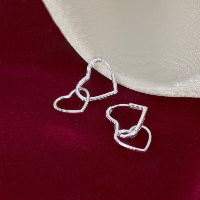 SLUYNZ 925 Sterling Silver Heart Hoop Earrings for Women Teens Girls Sweet Love Hoop Earrings Double Heart Earrings (A-Silver) - Image 4
