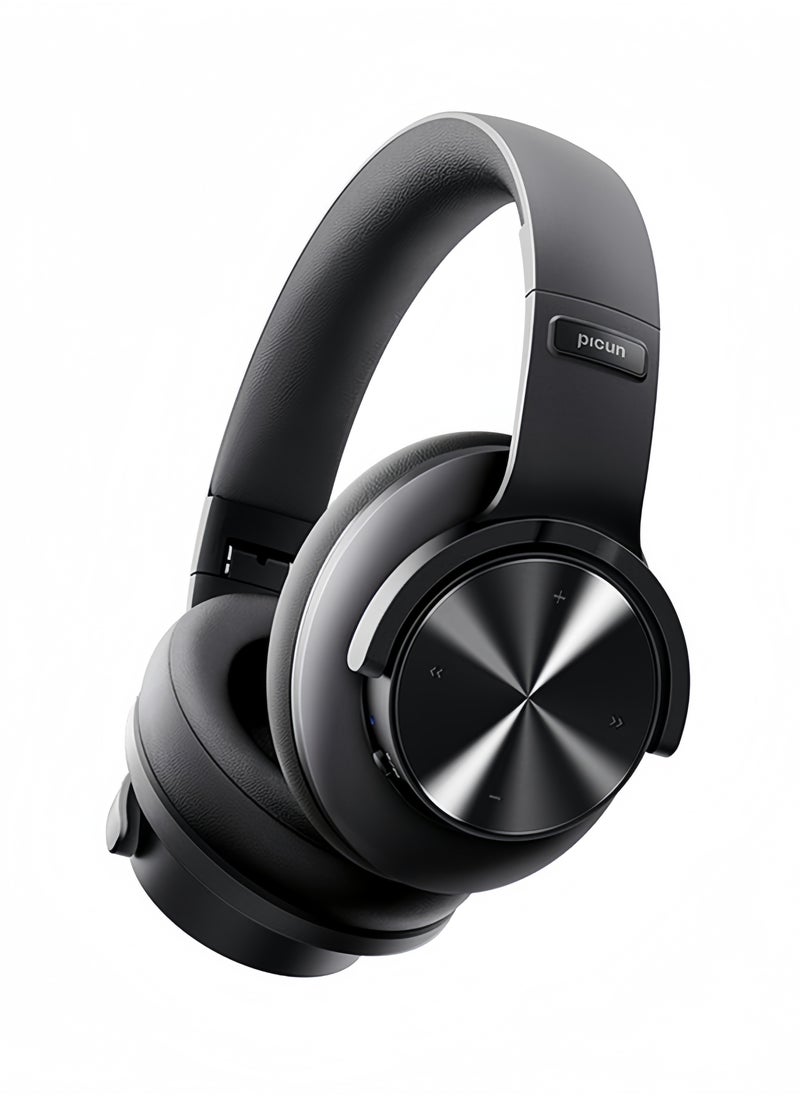 Picun Active Noise Cancelling Headphones Headband Full Ear Wireless Bluetooth Headset Foldable Wireless Over Ear Bluetooth 5.3 Headphones Stereo Bass for Travel Home Office Cellphone Black  - Image 1
