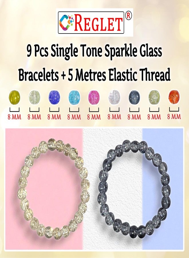 REGLET Pack of 9 - Single Tone Sparkle Glass Bead Bracelet Set - Mullticolour - Handcrafted Stretchable Bracelet for Girls Stylish, Women - Adjustable - Bead Size 8mm - Image 4