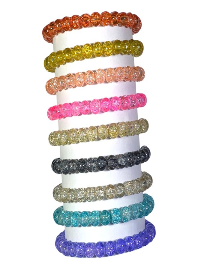 REGLET Pack of 9 - Single Tone Sparkle Glass Bead Bracelet Set - Mullticolour - Handcrafted Stretchable Bracelet for Girls Stylish, Women - Adjustable - Bead Size 8mm - Image 1