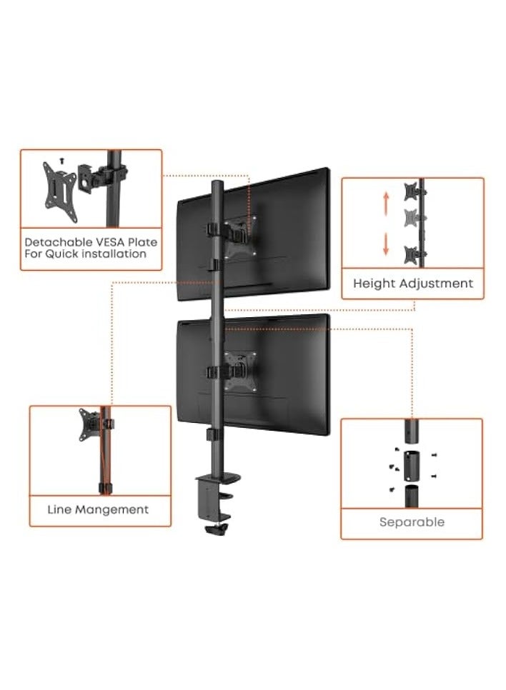 PROMASS Dual Monitor Stand- Vertical Stack Monitor Desk Mount For Two Screens Up To 32 Inch Height Adjustable Screen Supports With Swivel, Tilt, Rotation, C-Clamp And Grommet Bases, 9KG Black - Image 2
