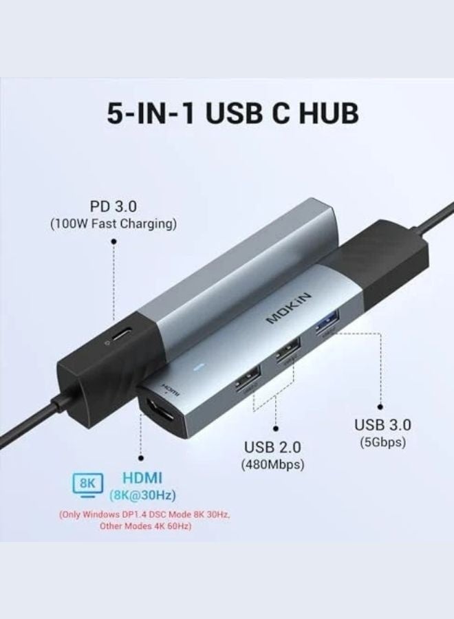 موكين محول موكين 5 في 1 USB C Hub مع مخرج HDMI بدقة 4K/8K، USB 3.0، شحن PD بقوة 100 واط، مصنوع من سبائك الألومنيوم - Image 3