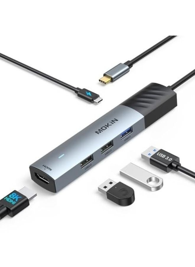 موكين محول موكين 5 في 1 USB C Hub مع مخرج HDMI بدقة 4K/8K، USB 3.0، شحن PD بقوة 100 واط، مصنوع من سبائك الألومنيوم - Image 1