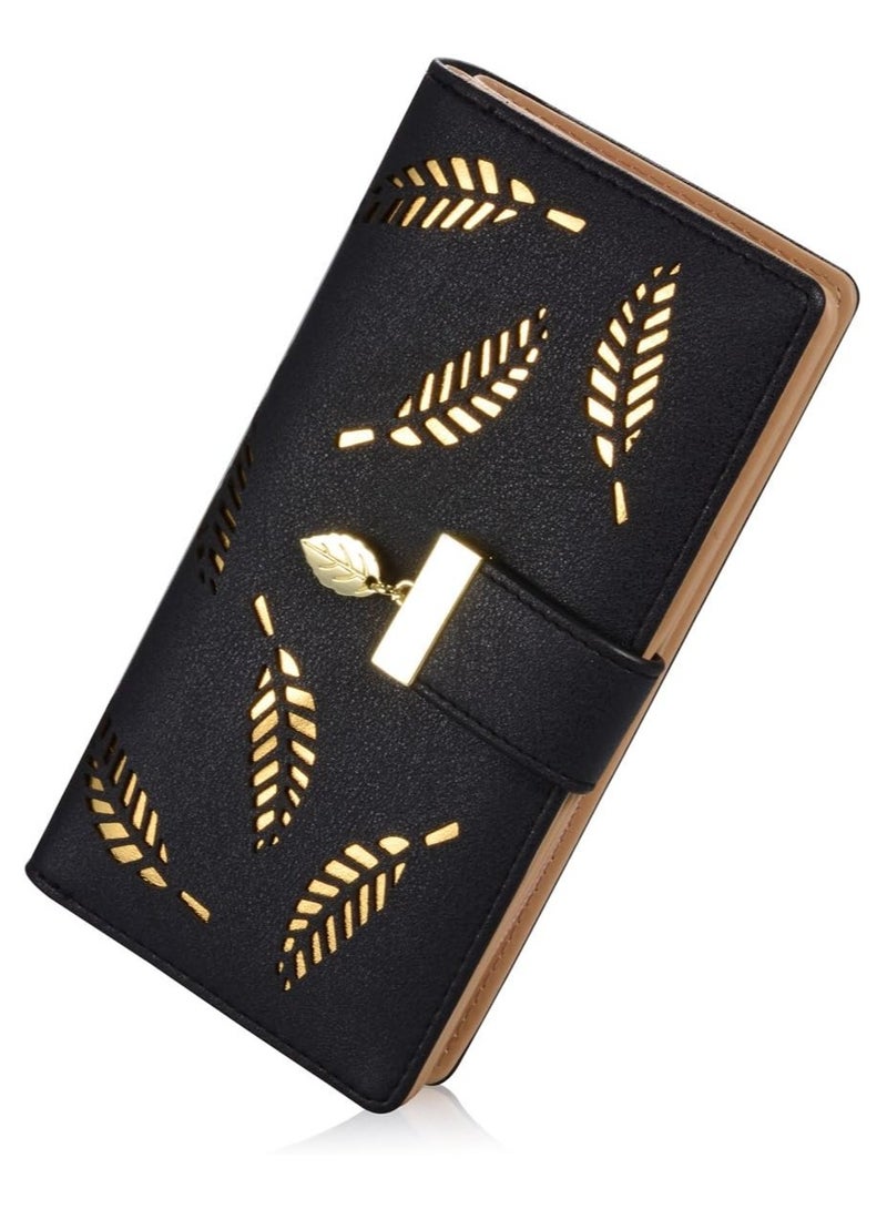 Women's Long Leaf Bifold Wallet Leather Card Holder Purse Zipper Buckle Elegant Clutch Wallet Handbag for Women - Black - Image 1