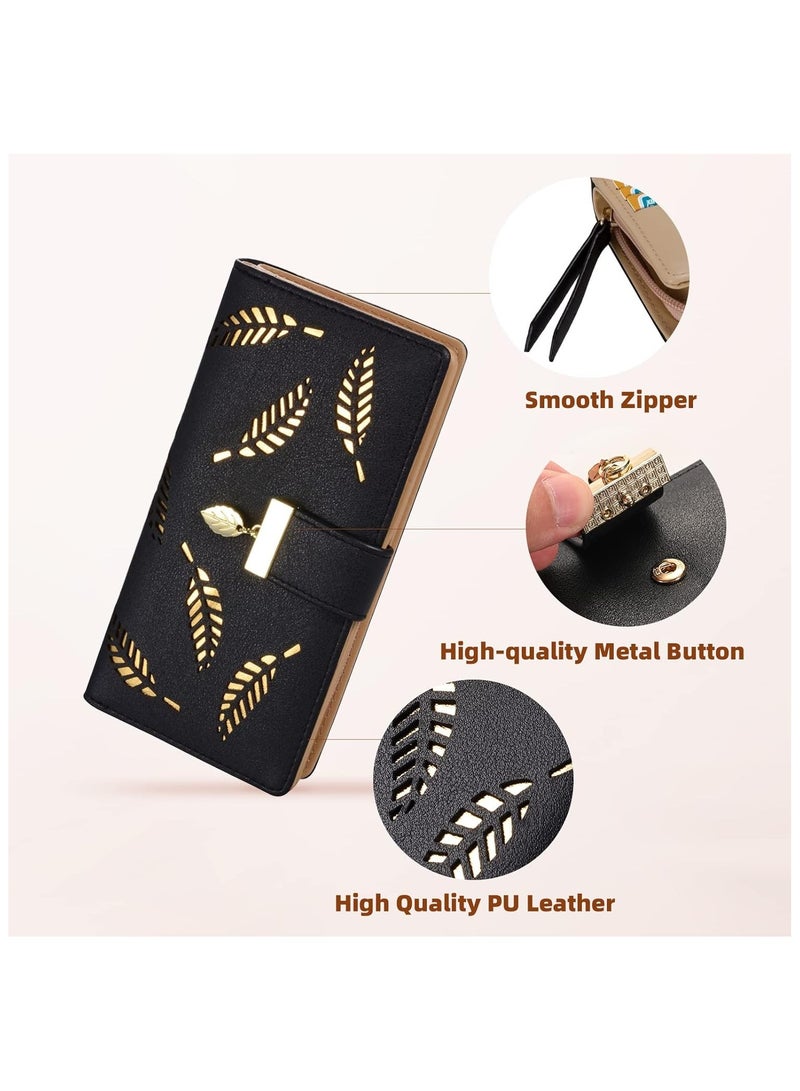Women's Long Leaf Bifold Wallet Leather Card Holder Purse Zipper Buckle Elegant Clutch Wallet Handbag for Women - Black - Image 2