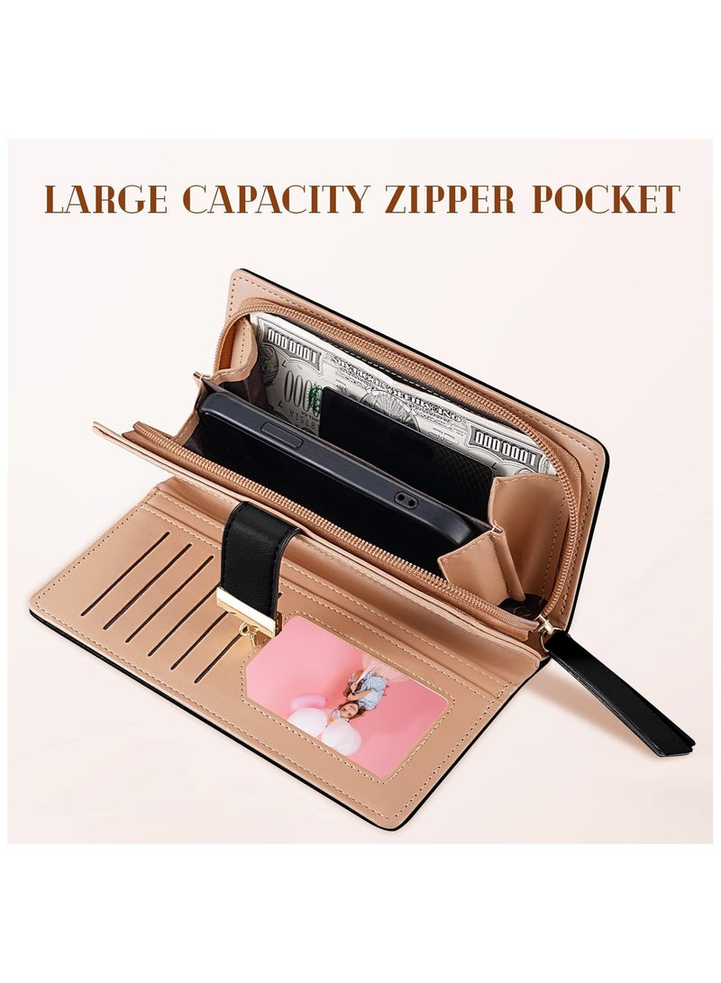 Women's Long Leaf Bifold Wallet Leather Card Holder Purse Zipper Buckle Elegant Clutch Wallet Handbag for Women - Black - Image 4