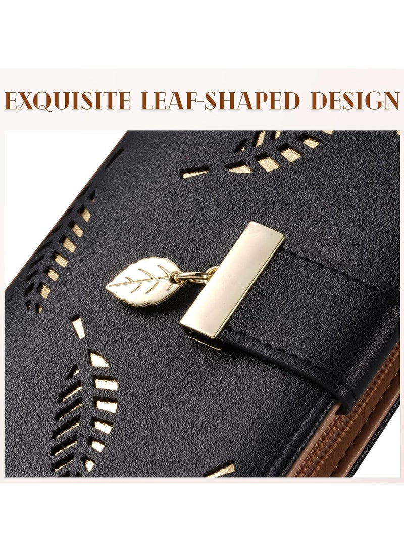 Women's Long Leaf Bifold Wallet Leather Card Holder Purse Zipper Buckle Elegant Clutch Wallet Handbag for Women - Black - Image 3