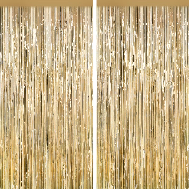 YEURFONTASY Champagne Gold Tinsel Backdrop Foil Fringe Curtains - 2 Packs Door Streamers Backdrop for Birthday Door Decorations, Party Supplies for Bachelorette, Graduation, Christmas, Disco Decor - Image 1