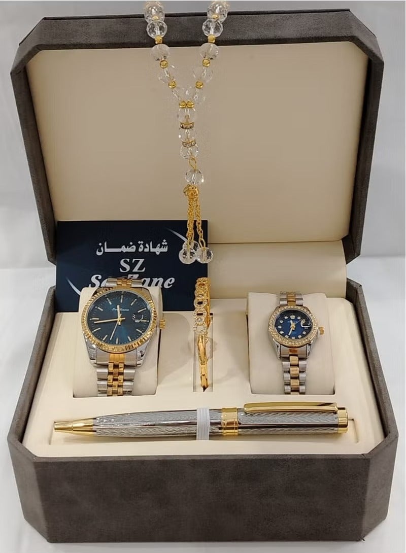 Generic Men's watch set with pen and rosary + women's watch and zircon bracelet with zircon ring 