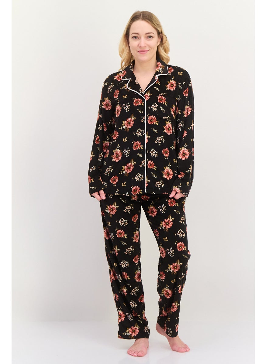 Jones New York - Women 2 Pieces Floral Print Top And Pajama Set, Black - Image 1