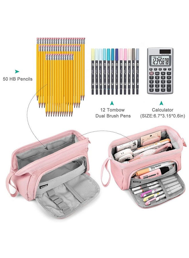 Storite Canvas Pencil Case, Handheld Pen Pouch, Pencil Case for Kids, Large Capacity Pencil Pouch with Zipper, Portable Stationery Storage Pouch for School (Pink) - Image 3