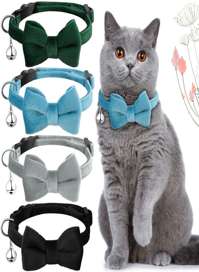 Weewooday 4 Pieces Cat Bow Tie Collar with Bell Breakaway Cat Comfortable Velvet with Cute Safety Pet Collar for Pet Kitten Puppy(Medium,Black, Gray, Dark Green, Blue) - Image 1