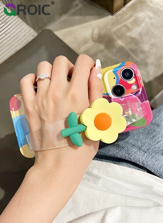 GROIC Compatible with iPhone 15 Case 6.1 Inch,Crossbody Phone Cover with Strap and Wrist Band Kickstand, Unique Cute Kawaii Colorful Painting Flowers Design Phone Shell for iPhone 15 - Image 4